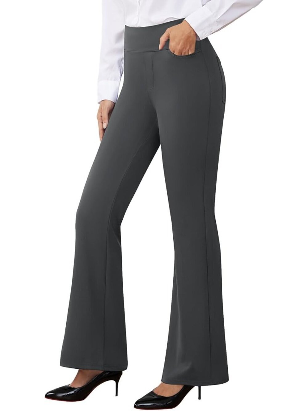 Women's Dark Grey Pull On Casual Slacks Imported Stretchy Dress Pants - Picture 1 of 6